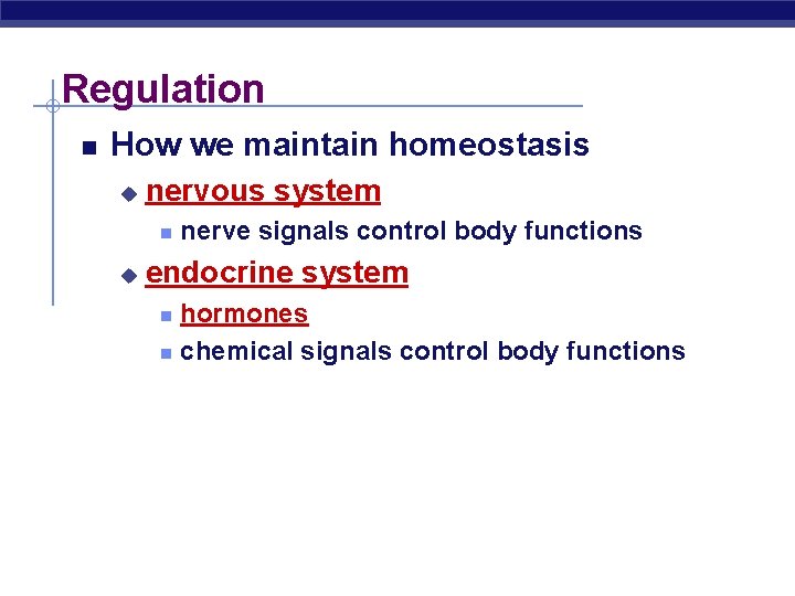 Regulation How we maintain homeostasis u nervous system u nerve signals control body functions