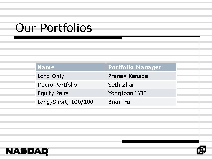 Our Portfolios Name Portfolio Manager Long Only Pranav Kanade Macro Portfolio Seth Zhai Equity