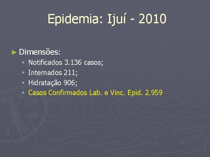 Epidemia: Ijuí - 2010 ► Dimensões: § § Notificados 3. 136 casos; Internados 211;