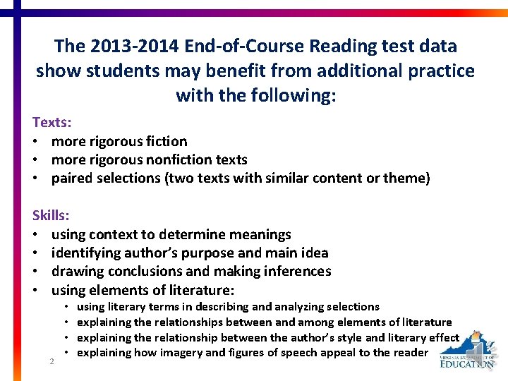 The 2013 -2014 End-of-Course Reading test data show students may benefit from additional practice