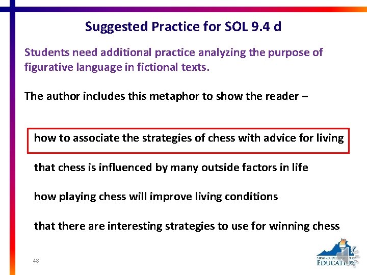 Suggested Practice for SOL 9. 4 d Students need additional practice analyzing the purpose