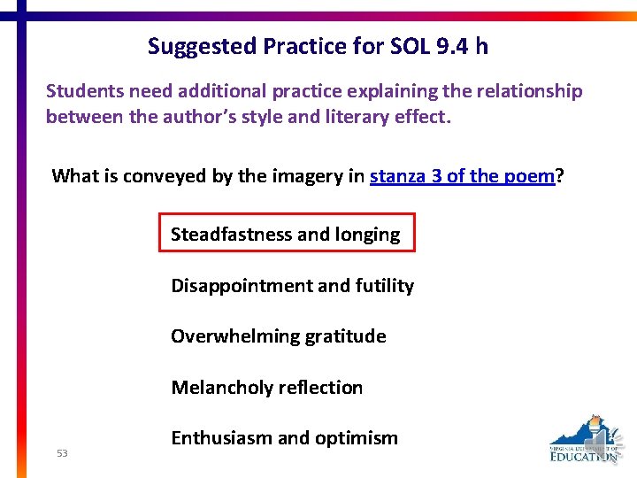 Suggested Practice for SOL 9. 4 h Students need additional practice explaining the relationship