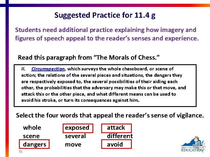 Suggested Practice for 11. 4 g Students need additional practice explaining how imagery and