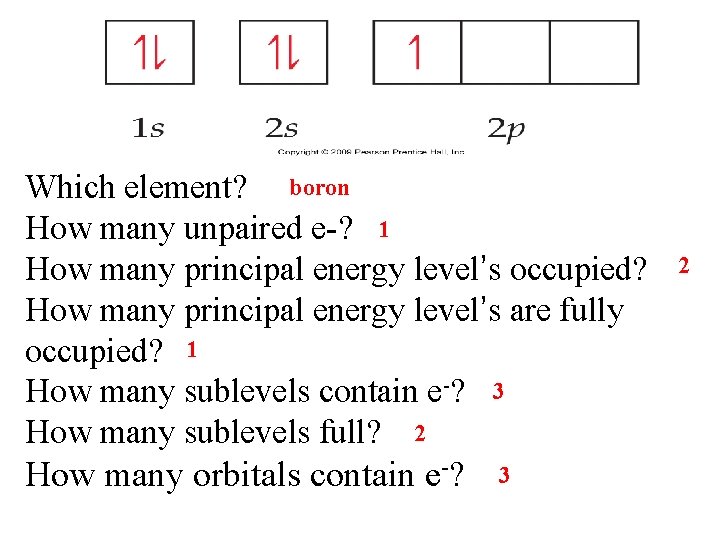 Which element? boron How many unpaired e-? 1 How many principal energy level’s occupied?