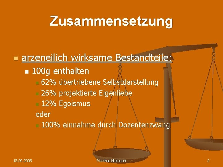 Zusammensetzung n arzeneilich wirksame Bestandteile: n 100 g enthalten 62% übertriebene Selbstdarstellung n 26%