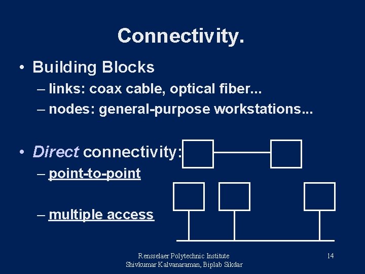 Connectivity. • Building Blocks – links: coax cable, optical fiber. . . – nodes: