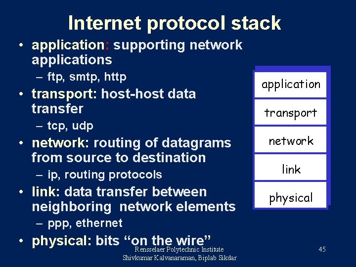 Internet protocol stack • application: supporting network applications – ftp, smtp, http • transport: