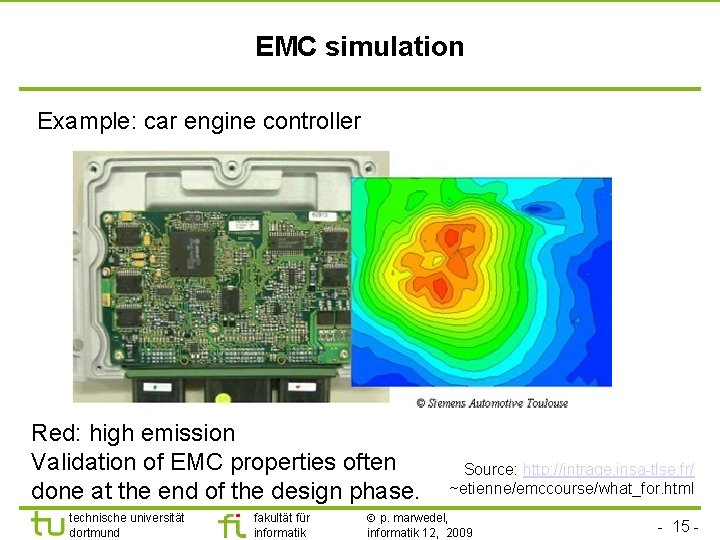 EMC simulation Example: car engine controller Red: high emission Validation of EMC properties often