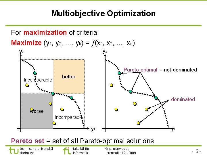 Multiobjective Optimization For maximization of criteria: Maximize (y 1, y 2, …, yk) =