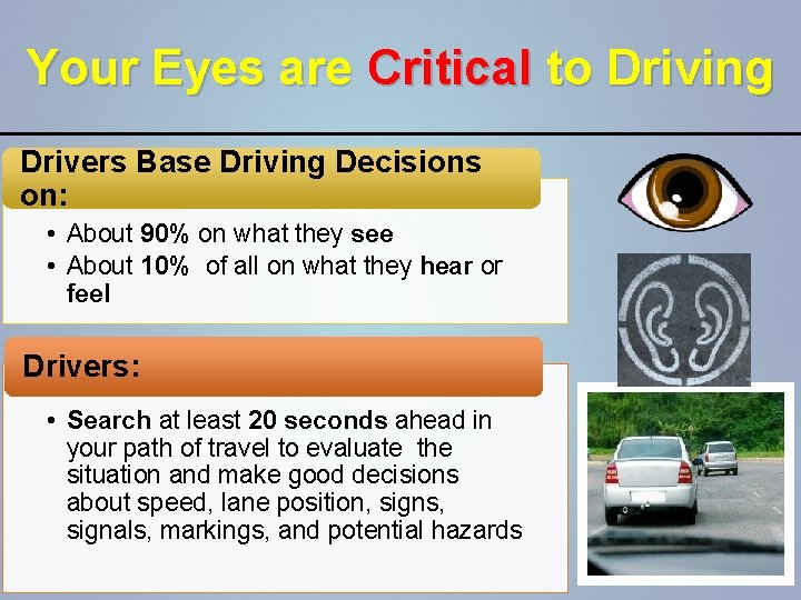 Your Eyes are Critical to Driving Drivers Base Driving Decisions on: • About 90%