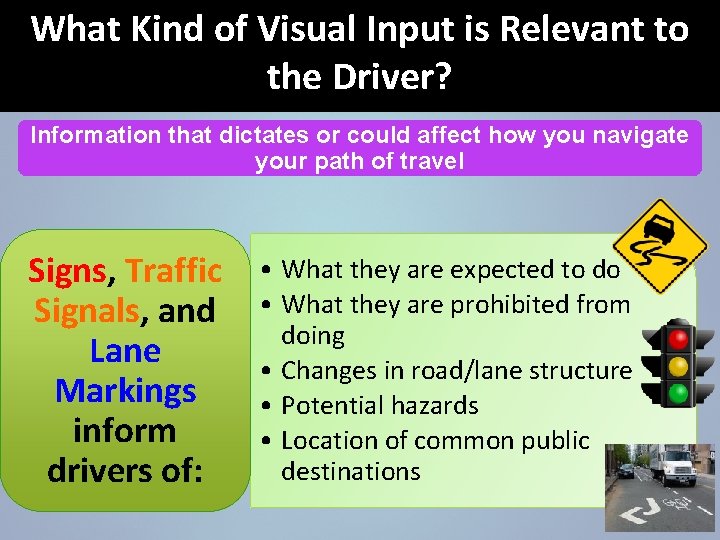What Kind of Visual Input is Relevant to the Driver? Information that dictates or