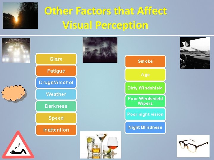 Other Factors that Affect Visual Perception Glare Fatigue Smoke Age Drugs/Alcohol Dirty Windshield Weather
