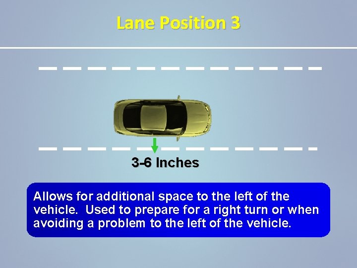 Lane Position 3 3 -6 Inches Allows for additional space to the left of