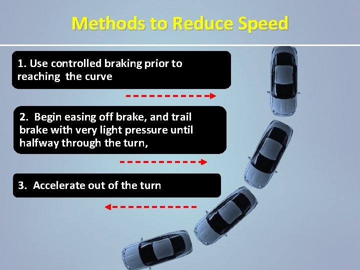 Methods to Reduce Speed 1. Use controlled braking prior to reaching the curve 2.