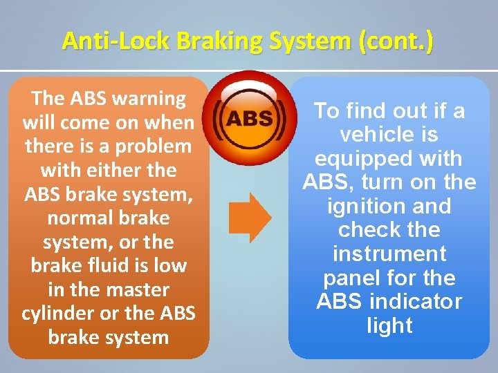 Anti-Lock Braking System (cont. ) The ABS warning will come on when there is