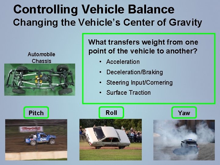 Controlling Vehicle Balance Changing the Vehicle’s Center of Gravity Automobile Chassis What transfers weight