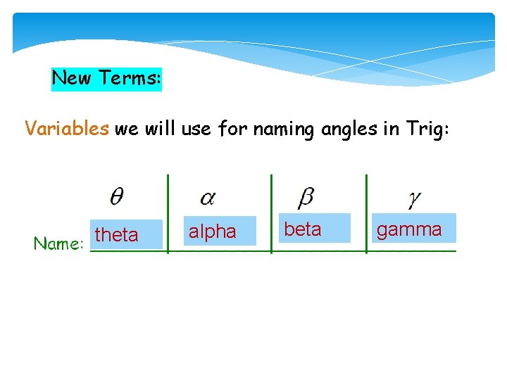 New Terms: Variables we will use for naming angles in Trig: theta alpha beta