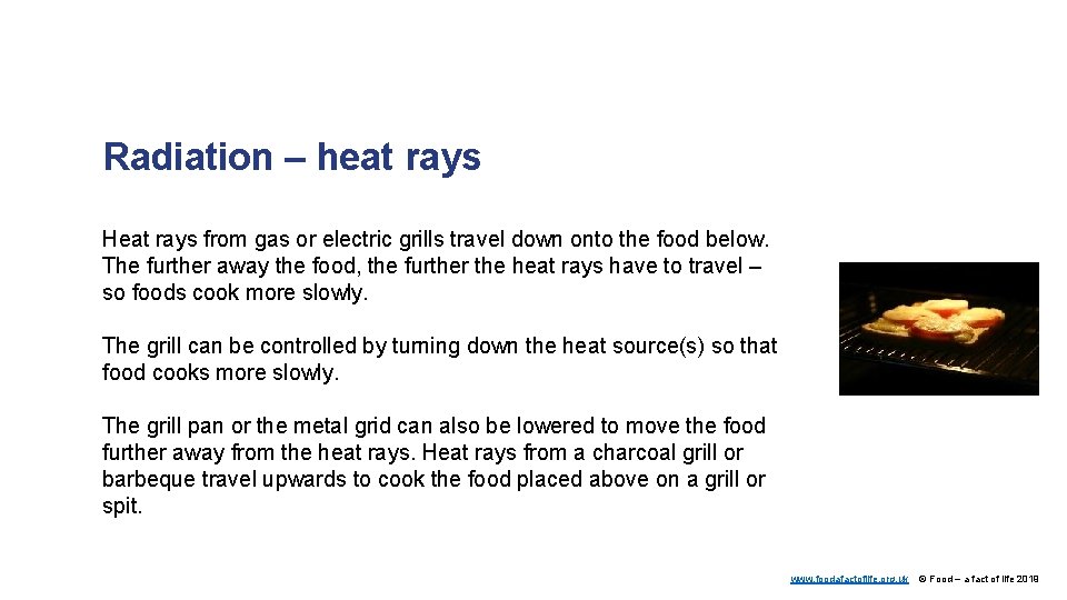 Radiation – heat rays Heat rays from gas or electric grills travel down onto
