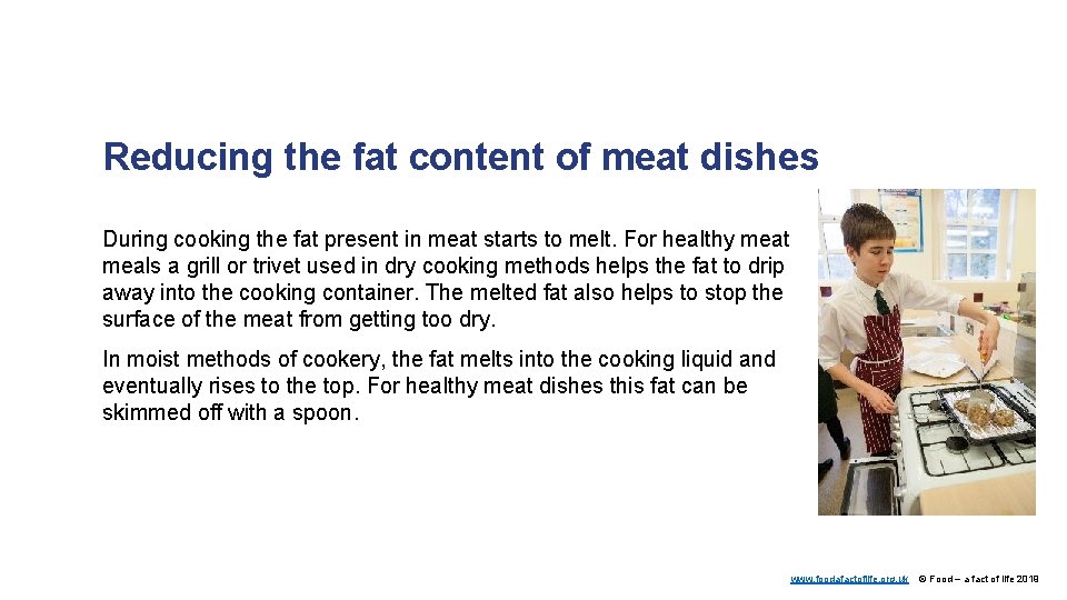 Reducing the fat content of meat dishes During cooking the fat present in meat