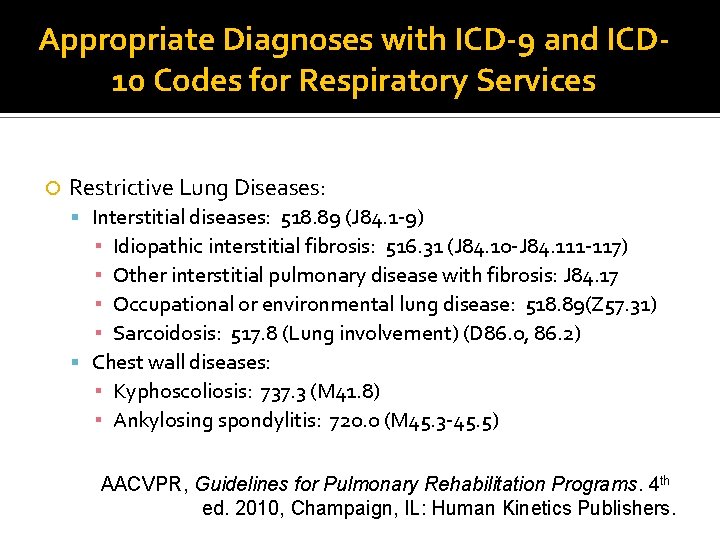 Appropriate Diagnoses with ICD-9 and ICD 10 Codes for Respiratory Services Restrictive Lung Diseases: