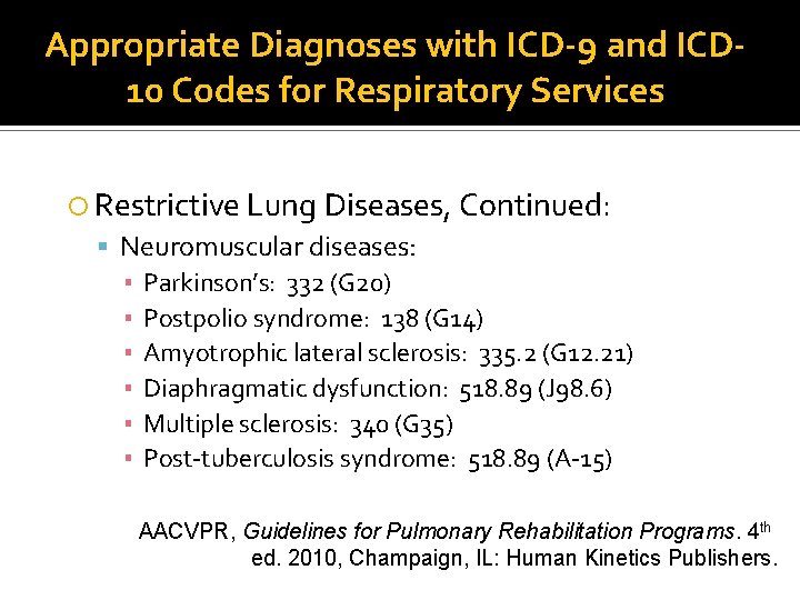 Appropriate Diagnoses with ICD-9 and ICD 10 Codes for Respiratory Services Restrictive Lung Diseases,