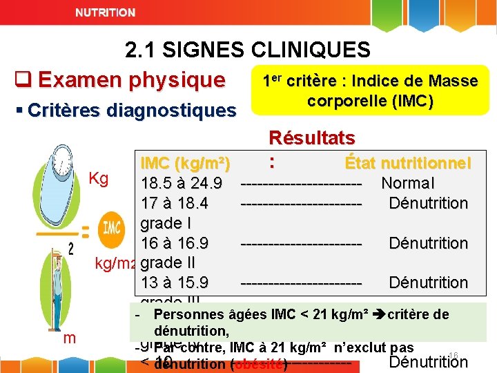 2. 1 SIGNES CLINIQUES 1 er critère : Indice de Masse q Examen physique