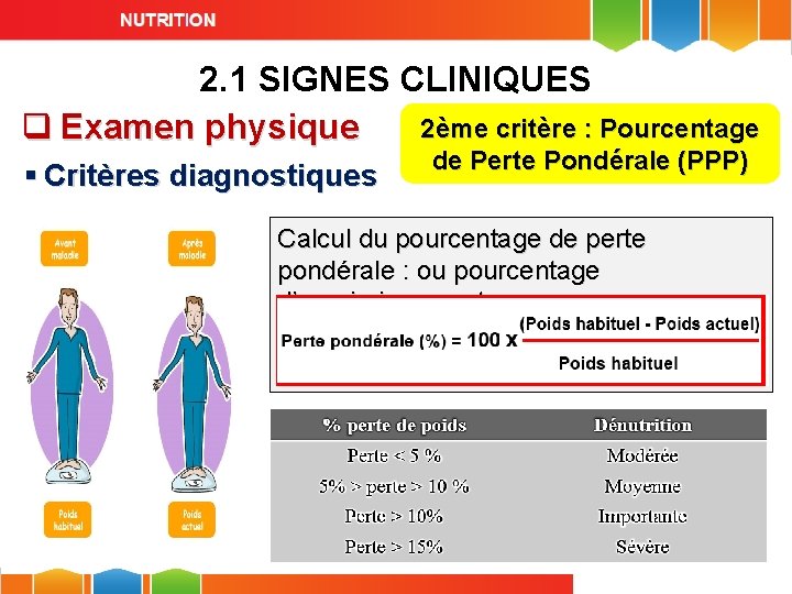 2. 1 SIGNES CLINIQUES 2ème critère : Pourcentage q Examen physique § Critères diagnostiques