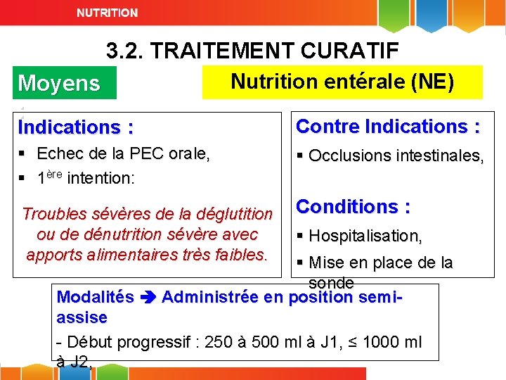 3. 2. TRAITEMENT CURATIF Moyens : Nutrition entérale (NE) Indications : Contre Indications :