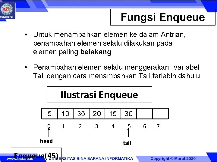 Fungsi Enqueue • Untuk menambahkan elemen ke dalam Antrian, penambahan elemen selalu dilakukan pada