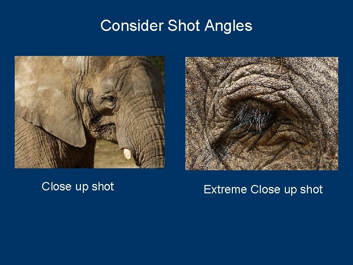 Consider Shot Angles Close up shot Extreme Close up shot 