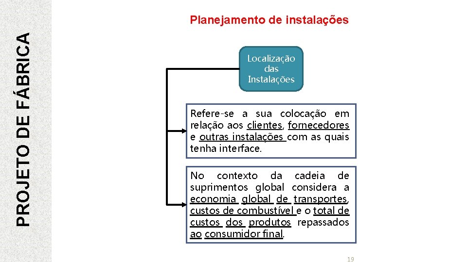 PROJETO DE FÁBRICA Planejamento de instalações Localização das Instalações Refere-se a sua colocação em