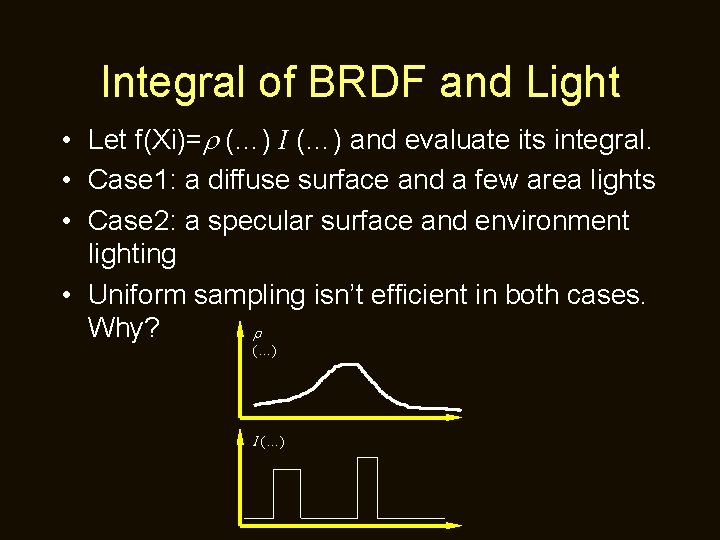 Integral of BRDF and Light • Let f(Xi)= (…) I (…) and evaluate its