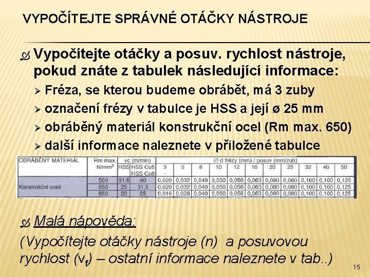 VYPOČÍTEJTE SPRÁVNÉ OTÁČKY NÁSTROJE Vypočítejte otáčky a posuv. rychlost nástroje, pokud znáte z tabulek