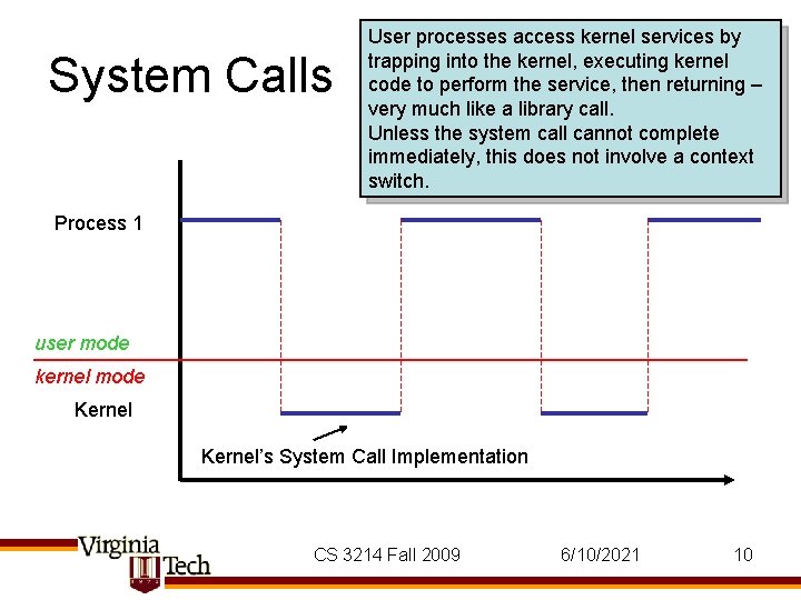System Calls User processes access kernel services by trapping into the kernel, executing kernel System Calls User processes access kernel services by trapping into the kernel, executing kernel