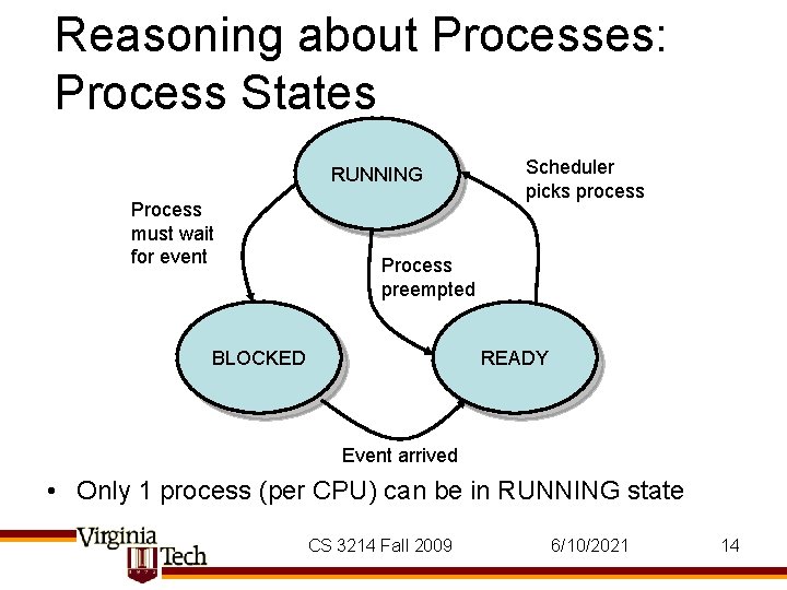 Reasoning about Processes: Process States RUNNING Process must wait for event Scheduler picks process Reasoning about Processes: Process States RUNNING Process must wait for event Scheduler picks process