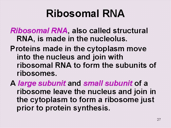 Ribosomal RNA, also called structural RNA, is made in the nucleolus. Proteins made in