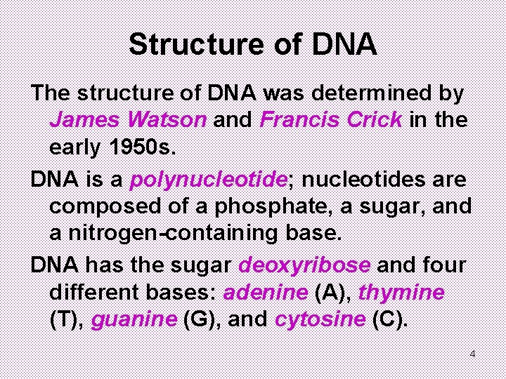 Structure of DNA The structure of DNA was determined by James Watson and Francis