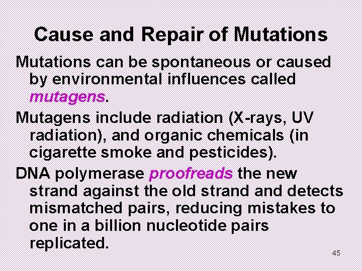 Cause and Repair of Mutations can be spontaneous or caused by environmental influences called