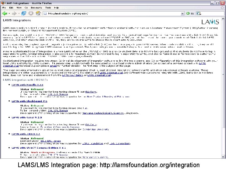 LAMS/LMS Integration page: http: //lamsfoundation. org/integration 