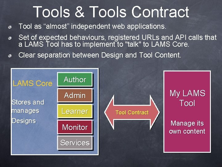 Tools & Tools Contract Tool as “almost” independent web applications. Set of expected behaviours,