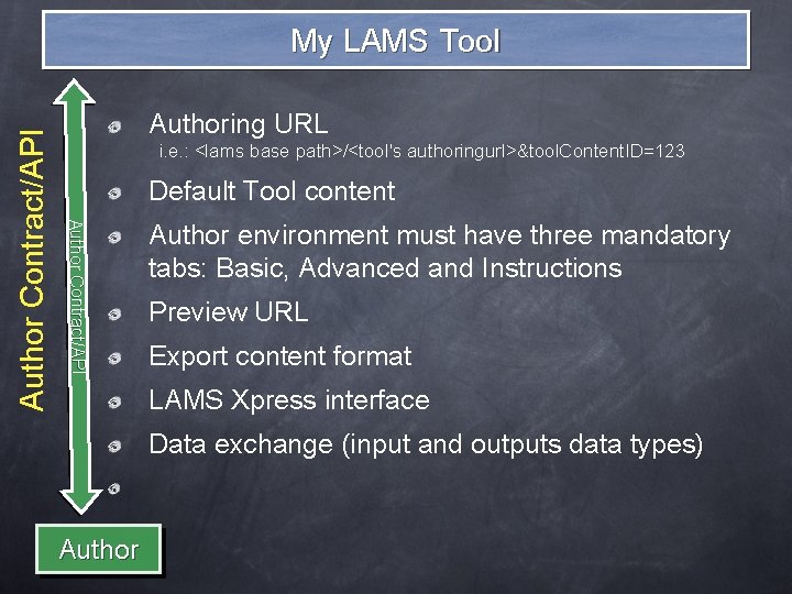 Authoring URL i. e. : <lams base path>/<tool's authoringurl>&tool. Content. ID=123 Default Tool content