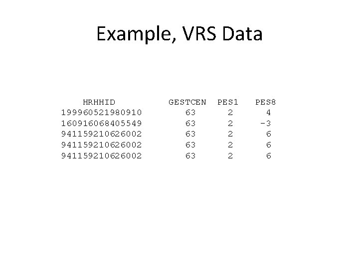 Example, VRS Data HRHHID 199960521980910 160916068405549 941159210626002 GESTCEN 63 63 63 PES 1 2 Example, VRS Data HRHHID 199960521980910 160916068405549 941159210626002 GESTCEN 63 63 63 PES 1 2