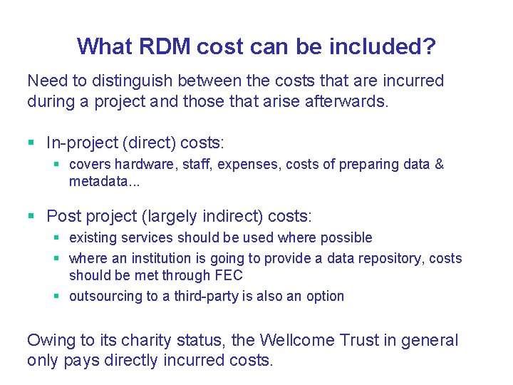 What RDM cost can be included? Need to distinguish between the costs that are