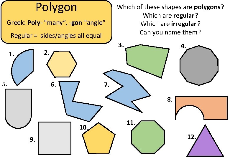 Polygon Greek: Poly- "many“, -gon "angle" Regular = sides/angles all equal 3. 2. 1.