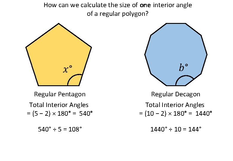 How can we calculate the size of one interior angle of a regular polygon?