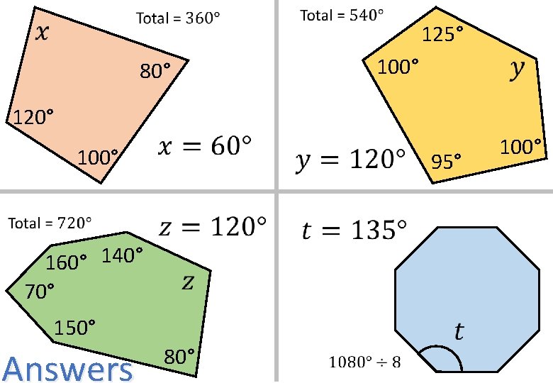 125° 80° 100° 120° 100° 95° 160° 140° 70° 150° Answers 80° 100° 