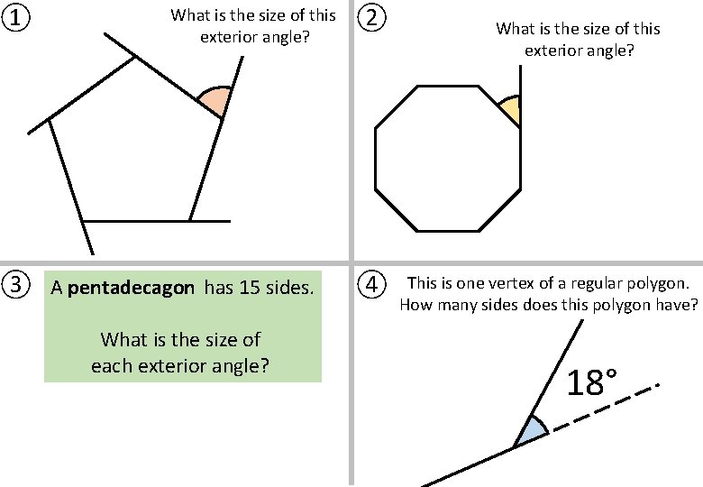 ① What is the size of this exterior angle? ③ A pentadecagon has 15