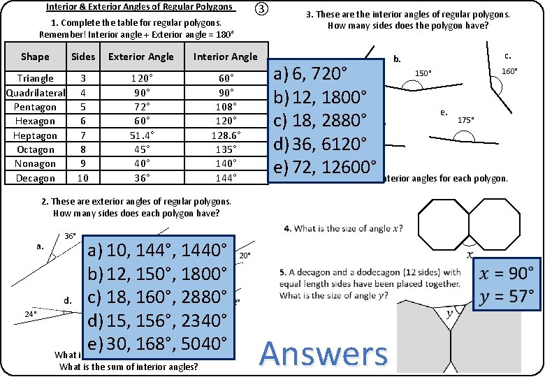 Interior & Exterior Angles of Regular Polygons ③ 1. Complete the table for regular