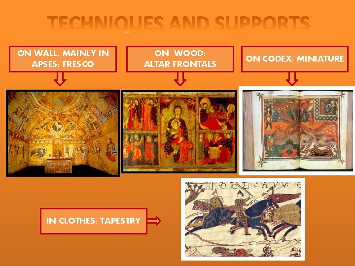 ON WALL, MAINLY IN APSES: FRESCO IN CLOTHES: TAPESTRY ON WOOD: ALTAR FRONTALS ON