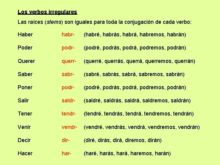 Los verbos irregulares Las raíces (stems) son iguales para toda la conjugación de cada